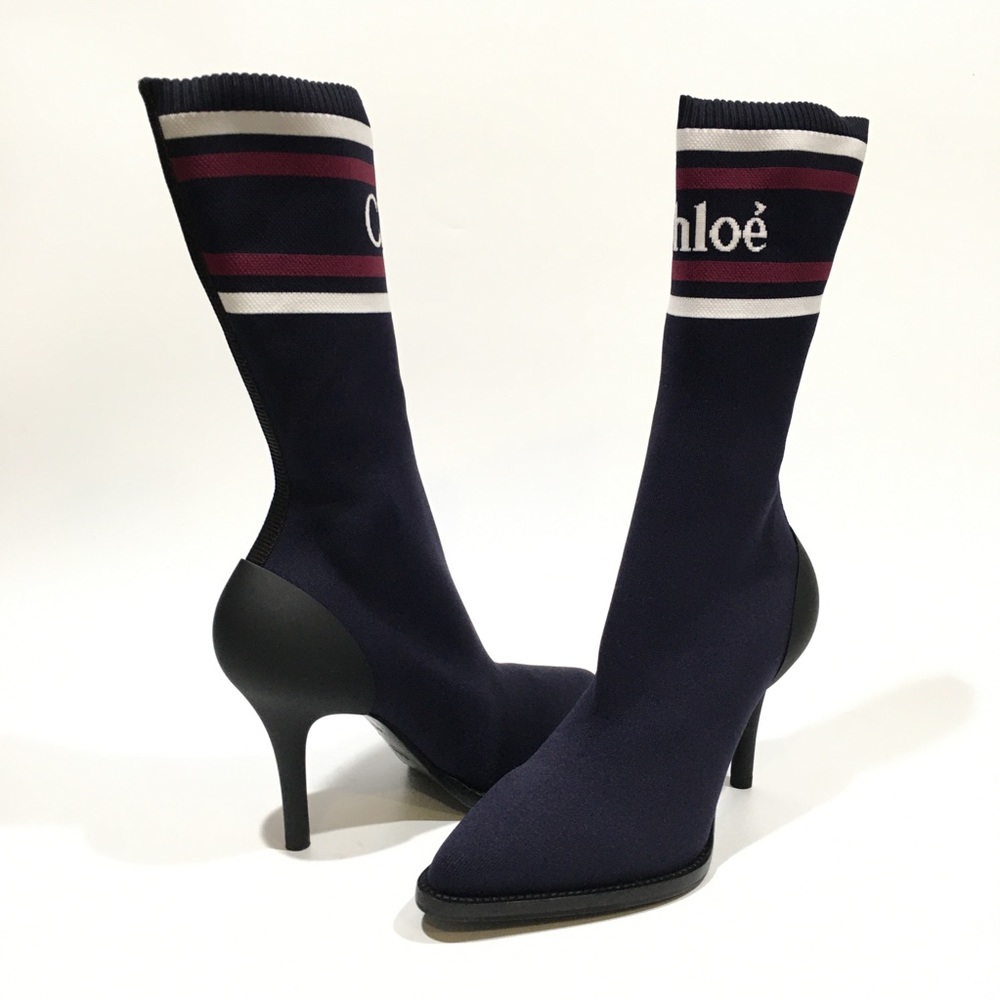 Chloe Tracy Sock Ankle Boots -Navy Knit Pumps -US 9.5 -NEW
